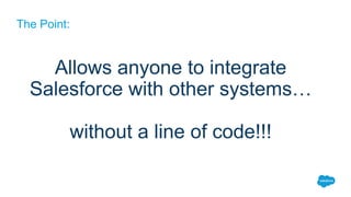 The Point:
Allows anyone to integrate
Salesforce with other systems…
without a line of code!!!
 