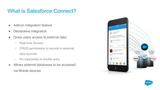 What is Salesforce Connect?
● Add-on integration feature
● Declarative integration
● Gives users access to external data
○ Real-time Access
○ CRUD permissions to records in external
data sources
○ No copy/paste or double entry
● Allows external databases to be accessed
via Mobile devices
 