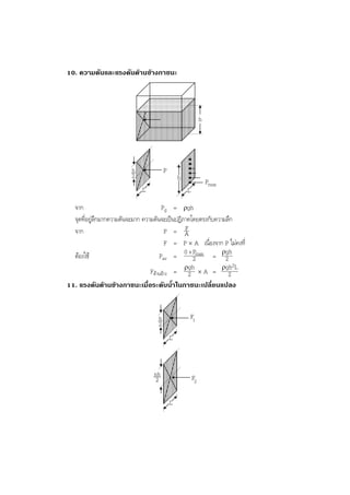 BOBBYtutor Physics Note

10. ความดันและแรงดันดานขางภาชนะ

h

h
2

P
h
L

Pmax
L

จาก
Pg = ρgh
จุดที่อยูลึกมากความดันจะมาก ความดันจะเปนปฏิภาคโดยตรงกับความลึก
F
จาก
P = A
F = P × A เนื่องจาก P ไมคงที่
ρgh
ตองใช
Pav = 0 + Pmax = 2
2
ρgh2L
ρgh
Fดานขาง = 2 × A = 2
11. แรงดันดานขางภาชนะเมื่อระดับนํ้าในภาชนะเปลี่ยนแปลง

F1

h
2
L

nh
2

F2
L

 