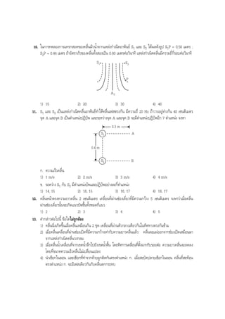 BOBBYtutor Physics Note

10. ในการทดลองการแทรกสอดของคลื่นผิวนํ้าจากแหลงกําเนิดอาพันธ S1 และ S2 ไดผลดังรูป S1P = 0.50 เมตร ;
S2P = 0.44 เมตร ถาอัตราเร็วของคลื่นทั้งสองเปน 0.60 เมตรตอวินาที แหลงกําเนิดคลื่นมีความถี่กี่รอบตอวินาที
S1

S2
P
A0

1) 15
2) 20
3) 30
4) 40
11. S1 และ S2 เปนแหลงกําเนิดคลื่นอาพันธทําใหคลื่นเฟสตรงกัน มีความถี่ 20 Hz ถาวางอยูหางกัน 40 เซนติเมตร
จุด A และจุด B เปนตําแหนงปฏิบัพ และระหวางจุด A และจุด B จะมีตําแหนงปฏิบัพอีก 7 ตําแหนง จงหา
0.3 m
S1

A

S2

B

0.4 m

ก. ความเร็วคลื่น
1) 1 m/s
2) 2 m/s
3) 3 m/s
4) 4 m/s
ข. ระหวาง S1 กับ S2 มีตําแหนงบัพและปฏิบัพอยางละกี่ตําแหนง
1) 14, 15
2) 16, 15
3) 16, 17
4) 18, 17
12. คลื่นหนาตรงความยาวคลื่น 2 เซนติเมตร เคลื่อนที่ผานชองเดี่ยวที่มีความกวาง 5 เซนติเมตร จงหาวาเมื่อคลื่น
ผานชองเดี่ยวนั้นจะเกิดแนวบัพขึ้นทั้งหมดกี่แนว
1) 2
2) 3
3) 4
4) 5
13. คํากลาวตอไปนี้ ขอใดไมถูกตอง
1) คลื่นนิ่งเกิดขึ้นเมื่อคลื่นเหมือนกัน 2 ชุด เคลื่อนที่ผานตัวกลางเดียวกันในทิศทางตรงกันขาม
2) เมื่อคลื่นเคลื่อนที่ผานชองเปดที่มีความกวางเทากับความยาวคลื่นแลว คลื่นจะแผออกจากชองเปดเสมือนมา
จากแหลงกําเนิดคลื่นวงกลม
3) เมื่อคลื่นนํ้าเคลื่อนที่จากเขตนํ้าลึกไปยังเขตนําตืน โดยทิศการเคลือนทีตงฉากกับรอยตอ ความยาวคลื่นจะลดลง
้ ้
่ ่ ั้
โดยที่ขนาดความเร็วคลื่นไมเปลี่ยนแปลง
4) นําเชือกไนลอน และเชือกที่ทําจากดายผูกติดกันตรงตําแหนง ก. เมื่อสะบัดปลายเชือกไนลอน คลื่นที่สะทอน
ตรงตําแหนง ก. จะมีเฟสเดียวกันกับคลื่นตกกระทบ

 
