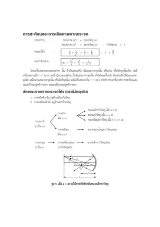 BOBBYtutor Physics Note

การสะทอนและการเกิดภาพจากกระจก
กระจกราบ
กระจกโคง
และกําลังขยาย

;

ระยะภาพ (s′) = ระยะวัตถุ (s)
ขนาดภาพ (y′) = ขนาดวัตถุ (y)
1+ 1 = 1 = 2
s s′
f R

:

; กําลังขยาย = 1
; f = R
2

f
m = yy′ = ss′ = s - f

โดยเครื่องหมายของระยะตางๆ นั้น ถาเปนระยะจริง (มีแสงมาจากจุดนั้น หรือผาน หรือตัดจุดนั้นจริง) จะมี
เครื่องหมายเปน "+" (บวก) แตถาเปนระยะเสมือน (ไมมีแสงมาจากจุดนั้น หรือตัดจุดนั้นจริง ตองตอเสนใหยอนแสงหา
จุดตัด เสมือนวาแสงมาจากจุดนัน หรือตัดทีจดนัน) จะมีเครืองหมายเปน "-" (ลบ) สําหรับกระจกซึ่งอาศัยการสะทอนแสง
้
ุ่ ้
่
ระยะจริงจะอยูหนากระจก ระยะเสมือนจะอยูหลังกระจก

ลักษณะภาพจากกระจกโคง (กรณีวัตถุจริง)
1. ภาพจริงหัวกลับ อยูดานเดียวกับวัตถุ
2. ภาพเสมือนหัวตั้ง อยูดานตรงขามวัตถุ
ขนาดเล็กกวาวัตถุ เมือ s > 2f
่
ขนาดเทาวัตถุ เมือ s = 2f
่
ขนาดใหญกวาวัตถุ เมือ f < s < 2f
่

ภาพจริง
เมือ s > f
่
กระจกเวา
(f เปน +)
ภาพเสมือน
เมือ s < f
่
กระจกนูน
(f เปน -)

ขนาดขยายใหญกวาวัตถุเสมอ

ภาพเสมือนเสมอ
(กรณีวตถุจริง)
ั

ขนาดเล็กกวาวัตถุเสมอ

1

Q

2

P′

3
P

C

Q′

F

s′
s

รูป ก. เมื่อ s > 2f จะไดภาพจริงหัวกลับขนาดเล็กกวาวัตถุ

 