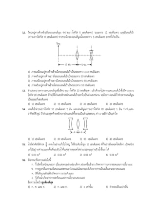 BOBBYtutor Physics Note

12. วัตถุอยูทางดานซายมือของเลนสนูน (ความยาวโฟกัส 5 เซนติเมตร) ระยะทาง 10 เซนติเมตร และมีเลนสเวา
(ความยาวโฟกัส 10 เซนติเมตร) ทางขวามือของเลนสนูนนั้นระยะทาง 5 เซนติเมตร ภาพที่เกิดเปน
วัตถุ

10 ซม.

5 ซม.

1) ภาพเสมือนอยูทางดานซายมือของเลนสเวาเปนระยะทาง 3.33 เซนติเมตร
2) ภาพจริงอยูทางดานขวามือของเลนสเวาเปนระยะทาง 10 เซนติเมตร
3) ภาพเสมือนอยูทางดานขวามือของเลนสเวาเปนระยะทาง 10 เซนติเมตร
4) ภาพจริงอยูทางดานซายมือของเลนสเวาเปนระยะทาง 10 เซนติเมตร
13. ลําแสงขนานตกกระทบเลนสนูนซึ่งมีความยาวโฟกัส 30 เซนติเมตร แลวหักเหไปตกกระทบเลนสเวาซึ่งมีความยาว
โฟกัส 20 เซนติเมตร ถาจะใหลาแสงหักเหผานเลนสเวาออกไปเปนลําแสงขนาน จะตองวางเลนสเวาหางจากเลนสนูน
ํ
เปนระยะกี่เซนติเมตร
1) 10 เซนติเมตร
2) 15 เซนติเมตร
3) 20 เซนติเมตร
4) 25 เซนติเมตร
14. เลนสเวาความยาวโฟกัส 10 เซนติเมตร 2 อัน และเลนสนูนความยาวโฟกัส 20 เซนติเมตร 1 อัน วางรับแสงอาทิตยดังรูป ถาลําแสงสุดทายหลังจากผานเลนสทั้งสามเปนลําแสงขนาน คา a จะมีคาเปนเทาใด

a

a

1) 10 เซนติเมตร
2) 20 เซนติเมตร
3) 30 เซนติเมตร
4) 40 เซนติเมตร
15. นํ้ามีคาดัชนีหักเห 3 เทลงในอางแกวใบใหญ ใหมีระดับนํ้าสูง 10 เซนติเมตร ที่กนอางมีหลอดไฟเล็กๆ เปดสวาง
4
แชไวอยู จงคํานวณหาพื้นที่ของผิวนํ้าที่แสงจากหลอดไฟสามารถทะลุผานผิวนํ้าขึ้นมาได
1) 0.01 m2
2) 0.02 m2
3) 0.03 m2
4) 0.04 m2
16. พิจารณาขอความตอไปนี้
ก. ริ้วมืดริ้วสวางบนฉาก เมื่อแสงทะลุผานชองเล็กๆ ชองหนึ่งเขามา เกิดจากการแทรกสอดและการเลี้ยวเบน
ข. การดูดกลืนความเขมของแสงธรรมดาโดยแผนโพลารอยดเกิดจากการเปนคลื่นตามขวางของแสง
ค. สีที่เห็นบนทองฟาเกิดจากการกระเจิงแสง
ง. รุงกินนํ้าเกิดจากการสะทอนและการเลี้ยวเบนของแสง
ขอความใดบางถูกตองที่สุด
1) ก., ข. และ ค.
2) ก. และ ค.
3) ง. เทานั้น
4) คําตอบเปนอยางอื่น

 