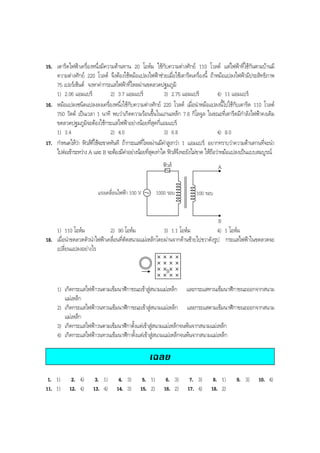 BOBBYtutor Physics Note

15. เตารีดไฟฟาเครื่องหนึ่งมีความตานทาน 20 โอหม ใชกับความตางศักย 110 โวลต แตไฟฟาที่ใชกันตามบานมี
ความตางศักย 220 โวลต จึงตองใชหมอแปลงไฟฟาชวยเมื่อใชเตารีดเครื่องนี้ ถาหมอแปลงไฟฟามีประสิทธิภาพ
75 เปอรเซ็นต จงหาคากระแสไฟฟาที่ไหลผานขดลวดปฐมภูมิ
1) 2.06 แอมแปร
2) 3.7 แอมแปร
3) 2.75 แอมแปร
4) 11 แอมแปร
16. หมอแปลงชนิดแปลงลงเครื่องหนึ่งใชกับความตางศักย 220 โวลต เมื่อนําหมอแปลงนี้ไปใชกับเตารีด 110 โวลต
750 วัตต เปนเวลา 1 นาที พบวาเกิดความรอนขึ้นในแกนเหล็ก 7.8 กิโลจูล ในขณะที่เตารีดมีกําลังไฟฟาคงเดิม
ขดลวดปฐมภูมิจะตองใชกระแสไฟฟาอยางนอยที่สุดกี่แอมแปร
1) 3.4
2) 4.0
3) 6.8
4) 8.0
17. กําหนดใหวา ฟวสทใชจะขาดทันที ถากระแสทีไหลผานมีคาสูงกวา 1 แอมแปร อยากทราบวาความตานทานที่จะนํา

ี่
่

ไปตอเขาระหวาง A และ B จะตองมีคาอยางนอยทีสดเทาใด ฟวสจงจะยังไมขาด ใหถอวาหมอแปลงเปนแบบสมบูรณ

ุ่
ึ
ื
ฟวส

แรงเคลื่อนไฟฟา 100 V

1000 รอบ

A

100 รอบ

B

1) 110 โอหม
2) 90 โอหม
3) 1.1 โอหม
4) 1 โอหม
18. เมื่อนําขดลวดตัวนําไฟฟาเคลื่อนที่ตัดสนามแมเหล็กโดยผานจากดานซายไปขวาดังรูป กระแสไฟฟาในขดลวดจะ
เปลี่ยนแปลงอยางไร
B

1) เกิดกระแสไฟฟาวนตามเข็มนาฬิกาขณะเขาสูสนามแมเหล็ก และกระแสทวนเข็มนาฬิกาขณะออกจากสนาม
แมเหล็ก
2) เกิดกระแสไฟฟาวนทวนเข็มนาฬิกาขณะเขาสูสนามแมเหล็ก และกระแสตามเข็มนาฬิกาขณะออกจากสนาม
แมเหล็ก
3) เกิดกระแสไฟฟาวนตามเข็มนาฬิกาตั้งแตเขาสูสนามแมเหล็กจนพนจากสนามแมเหล็ก
4) เกิดกระแสไฟฟาวนทวนเข็มนาฬิกาตั้งแตเขาสูสนามแมเหล็กจนพนจากสนามแมเหล็ก

เฉลย
1. 1)
11. 1)

2. 4)
12. 4)

3. 1)
13. 4)

4. 3)
14. 3)

5. 1)
15. 2)

6. 3)
16. 2)

7. 3)
17. 4)

8. 1)
18. 2)

9. 3)

10. 4)

 