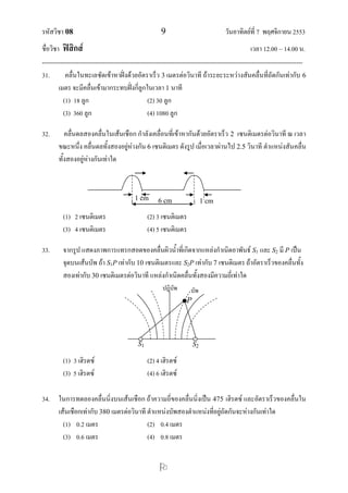 รหัสวิชา 08 9 วันอาทิตย์ที่ 7 พฤศจิกายน 2553
ชื่อวิชา ฟิสิกส์ เวลา 12.00 – 14.00 น.
--------------------------------------------------------------------------------------------------------------------------------

31. คลื่นในทะเลซัดเข้าหาฝั่งด้วยอัตราเร็ว 3 เมตรต่อวินาที ถ้าระยะระหว่างสันคลื่นที่ถัดกันเท่ากับ 6
เมตร จะมีคลื่นเข้ามากระทบฝั่งกี่ลูกในเวลา 1 นาที
(1) 18 ลูก (2) 30 ลูก
(3) 360 ลูก (4) 1080 ลูก
32. คลื่นดลสองคลื่นในเส้นเชือก กาลังเคลื่อนที่เข้าหากันด้วยอัตราเร็ว 2 เซนติเมตรต่อวินาที ณ เวลา
ขณะหนึ่ง คลื่นดลทั้งสองอยู่ห่างกัน 6 เซนติเมตร ดังรูป เมื่อเวลาผ่านไป 2.5 วินาที ตาแหน่งสันคลื่น
ทั้งสองอยู่ห่างกันเท่าใด
(1) 2 เซนติเมตร (2) 3 เซนติเมตร
(3) 4 เซนติเมตร (4) 5 เซนติเมตร
33. จากรูป แสดงภาพการแทรกสอดของคลื่นผิวน้าที่เกิดจากแหล่งกาเนิดอาพันธ์ S1 และ S2 มี P เป็น
จุดบนเส้นบัพ ถ้า S1P เท่ากับ 10 เซนติเมตรและ S2P เท่ากับ 7 เซนติเมตร ถ้าอัตราเร็วของคลื่นทั้ง
สองเท่ากับ 30 เซนติเมตรต่อวินาที แหล่งกาเนิดคลื่นทั้งสองมีความถี่เท่าใด
(1) 3 เฮิรตซ์ (2) 4 เฮิรตซ์
(3) 5 เฮิรตซ์ (4) 6 เฮิรตซ์
34. ในการทดลองคลื่นนิ่งบนเส้นเชือก ถ้าความถี่ของคลื่นนิ่งเป็น 475 เฮิรตซ์ และอัตราเร็วของคลื่นใน
เส้นเชือกเท่ากับ 380 เมตรต่อวินาที ตาแหน่งบัพสองตาแหน่งที่อยู่ถัดกันจะห่างกันเท่าใด
(1) 0.2 เมตร (2) 0.4 เมตร
(3) 0.6 เมตร (4) 0.8 เมตร
ปฎิบัพ บัพ
S1 S2
P
1 cm 1 cm6 cm
 