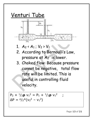 Page 13 of 21
Venturi Tube
1. A2 < A1 ; V2 > V1
2. According to Bernoulli’s Law,
pressure at A2 is lower.
3. Choked flow: Because pressure
cannot be negative, total flow
rate will be limited. This is
useful in controlling fluid
velocity.
P2 + 1
/2ρ v1
2
= P1 + 1
/2ρ v1
2
;
ΔP = ρ
/2*(v2
2
– v1
2
)
 