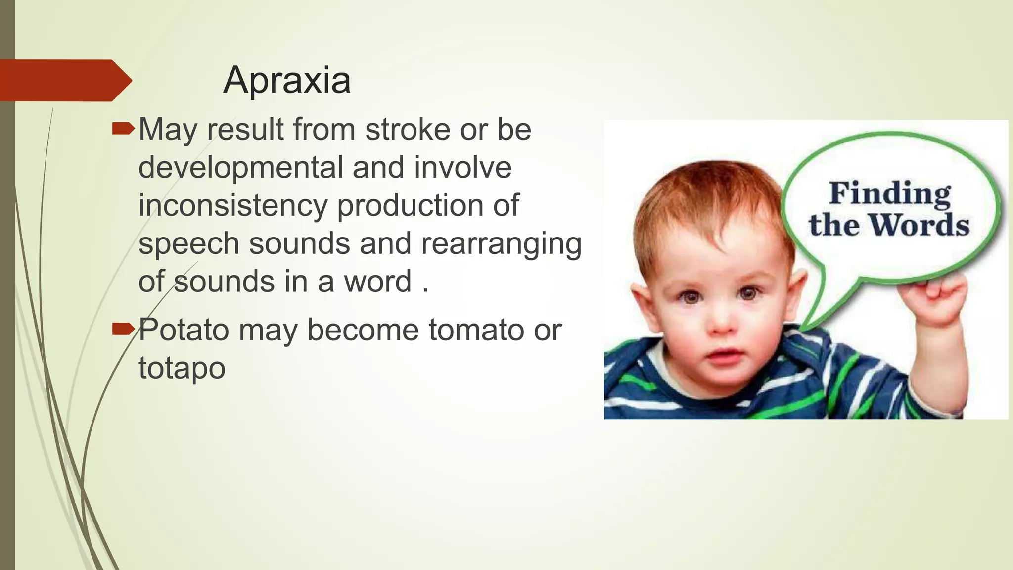 Apraxia
May result from stroke or be
developmental and involve
inconsistency production of
speech sounds and rearranging
of sounds in a word .
Potato may become tomato or
totapo
 