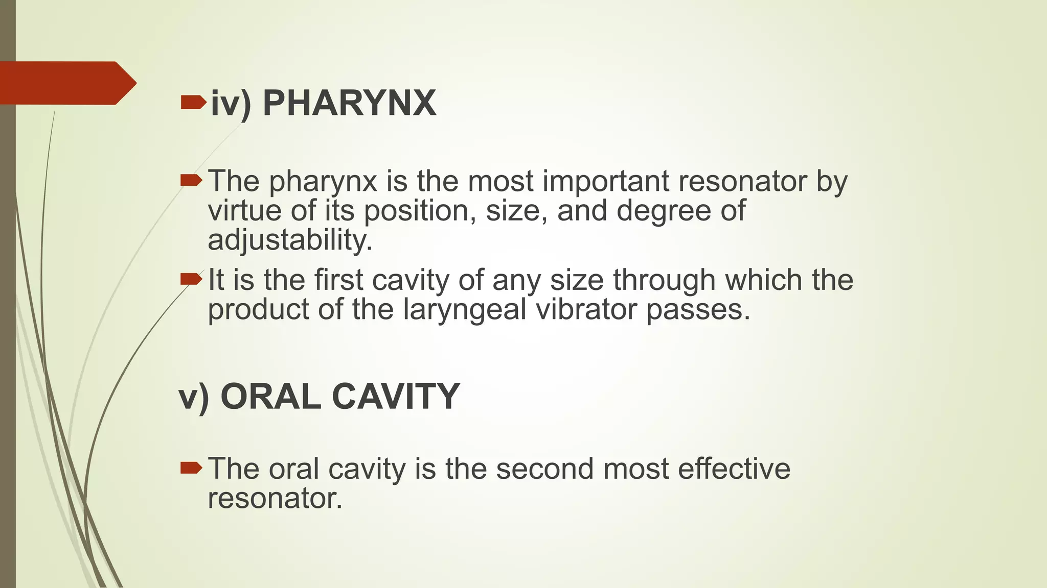 iv) PHARYNX
The pharynx is the most important resonator by
virtue of its position, size, and degree of
adjustability.
It is the first cavity of any size through which the
product of the laryngeal vibrator passes.
v) ORAL CAVITY
The oral cavity is the second most effective
resonator.
 