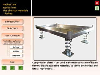 OBJECTIVESOBJECTIVES
TEST YOURSELF!TEST YOURSELF!
Hooke’s Law applications
Use of Elastic Materials
Hooke’s Law applications
Use of Elastic Materials
QUIZQUIZ
INTRODUCTIONINTRODUCTION
SpringsSprings
RubberRubber
UrethaneUrethane
Compression plates – can used in the transportation of highly
flammable and explosive materials to cancel out vertical and
lateral movements.
 