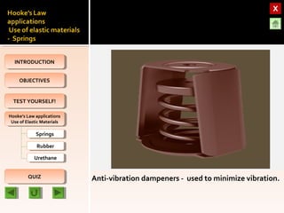 OBJECTIVESOBJECTIVES
TEST YOURSELF!TEST YOURSELF!
Hooke’s Law applications
Use of Elastic Materials
Hooke’s Law applications
Use of Elastic Materials
QUIZQUIZ
INTRODUCTIONINTRODUCTION
SpringsSprings
RubberRubber
UrethaneUrethane
Anti-vibration dampeners - used to minimize vibration.
 