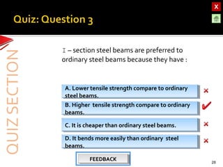 OBJECTIVESOBJECTIVES
TEST YOURSELF!TEST YOURSELF!
Hooke’s Law applications
Use of Elastic Materials
Hooke’s Law applications
Use of Elastic Materials
QUIZQUIZ
INTRODUCTIONINTRODUCTION
SpringsSprings
RubberRubber
UrethaneUrethane
I – section steel beams are preferred to
ordinary steel beams because they have :
28
A. Lower tensile strength compare to ordinary
steel beams.
A. Lower tensile strength compare to ordinary
steel beams.
D. It bends more easily than ordinary steel
beams.
D. It bends more easily than ordinary steel
beams.
C. It is cheaper than ordinary steel beams.C. It is cheaper than ordinary steel beams.
B. Higher tensile strength compare to ordinary
beams.
B. Higher tensile strength compare to ordinary
beams.
FEEDBACKFEEDBACKFEEDBACKFEEDBACK
 