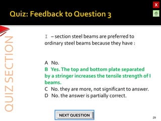 OBJECTIVESOBJECTIVES
TEST YOURSELF!TEST YOURSELF!
Hooke’s Law applications
Use of Elastic Materials
Hooke’s Law applications
Use of Elastic Materials
QUIZQUIZ
INTRODUCTIONINTRODUCTION
SpringsSprings
RubberRubber
UrethaneUrethane
I – section steel beams are preferred to
ordinary steel beams because they have :
A No.
B Yes.The top and bottom plate separated
by a stringer increases the tensile strength of I
beams.
C No. they are more, not significant to answer.
D No. the answer is partially correct.
29
NEXT QUESTIONNEXT QUESTIONNEXT QUESTIONNEXT QUESTION
 