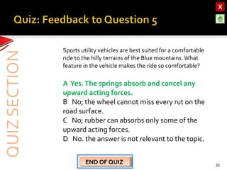 OBJECTIVESOBJECTIVES
TEST YOURSELF!TEST YOURSELF!
Hooke’s Law applications
Use of Elastic Materials
Hooke’s Law applications
Use of Elastic Materials
QUIZQUIZ
INTRODUCTIONINTRODUCTION
SpringsSprings
RubberRubber
UrethaneUrethane
Sports utility vehicles are best suited for a comfortable
ride to the hilly terrains of the Blue mountains.What
feature in the vehicle makes the ride so comfortable?
A Yes.The springs absorb and cancel any
upward acting forces.
B No; the wheel cannot miss every rut on the
road surface.
C No; rubber can absorbs only some of the
upward acting forces.
D No. the answer is not relevant to the topic.
33END OF QUIZEND OF QUIZEND OF QUIZEND OF QUIZ
 