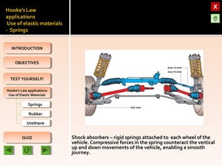 OBJECTIVESOBJECTIVES
TEST YOURSELF!TEST YOURSELF!
Hooke’s Law applications
Use of Elastic Materials
Hooke’s Law applications
Use of Elastic Materials
QUIZQUIZ
INTRODUCTIONINTRODUCTION
SpringsSprings
RubberRubber
UrethaneUrethane
Shock absorbers – rigid springs attached to each wheel of the
vehicle. Compressive forces in the spring counteract the vertical
up and down movements of the vehicle, enabling a smooth
journey.
 