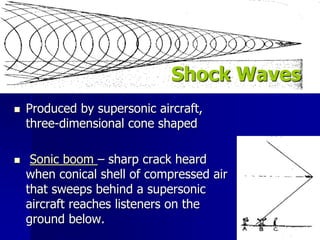  Produced by supersonic aircraft,
three-dimensional cone shaped
 Sonic boom – sharp crack heard
when conical shell of compressed air
that sweeps behind a supersonic
aircraft reaches listeners on the
ground below.
Shock Waves
 
