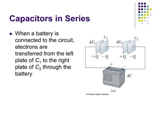 Capacitors in Series
 When a battery is
connected to the circuit,
electrons are
transferred from the left
plate of C1 to the right
plate of C2 through the
battery
 
