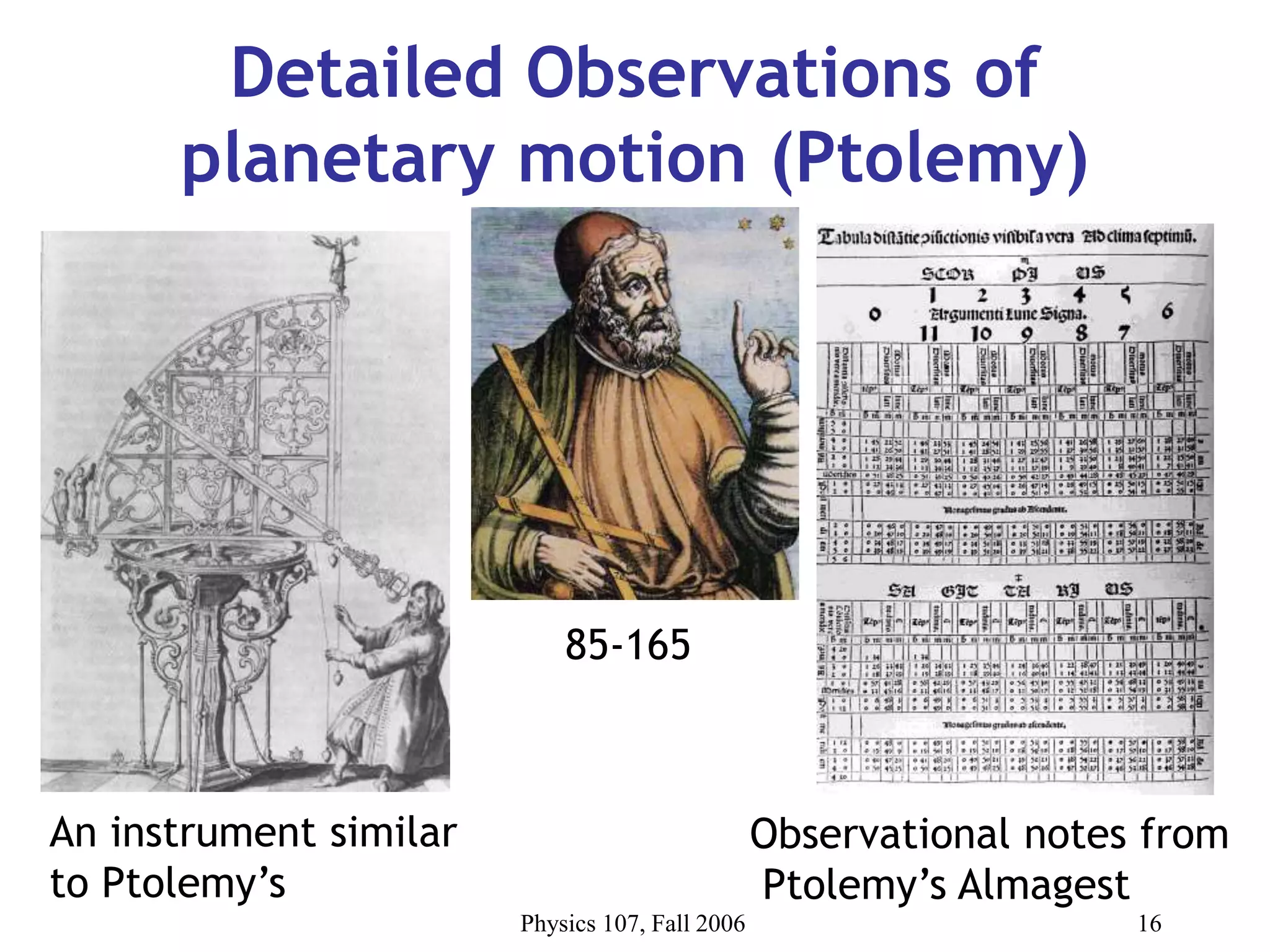 Physics 107, Fall 2006 16
Detailed Observations of
planetary motion (Ptolemy)
Observational notes from
Ptolemy’s Almagest
85-165
An instrument similar
to Ptolemy’s
 