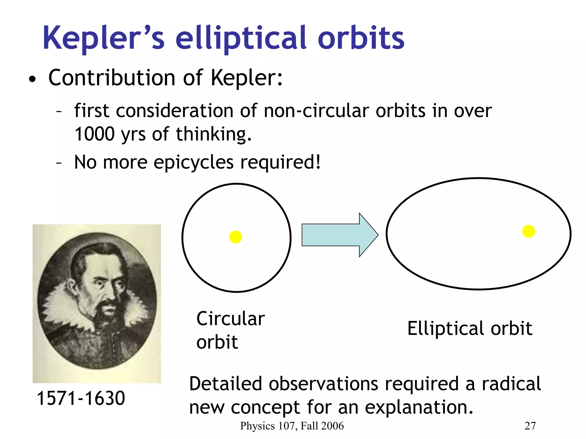 Physics 107, Fall 2006 27
Kepler’s elliptical orbits
• Contribution of Kepler:
– first consideration of non-circular orbits in over
1000 yrs of thinking.
– No more epicycles required!
1571-1630
Circular
orbit
Elliptical orbit
Detailed observations required a radical
new concept for an explanation.
 