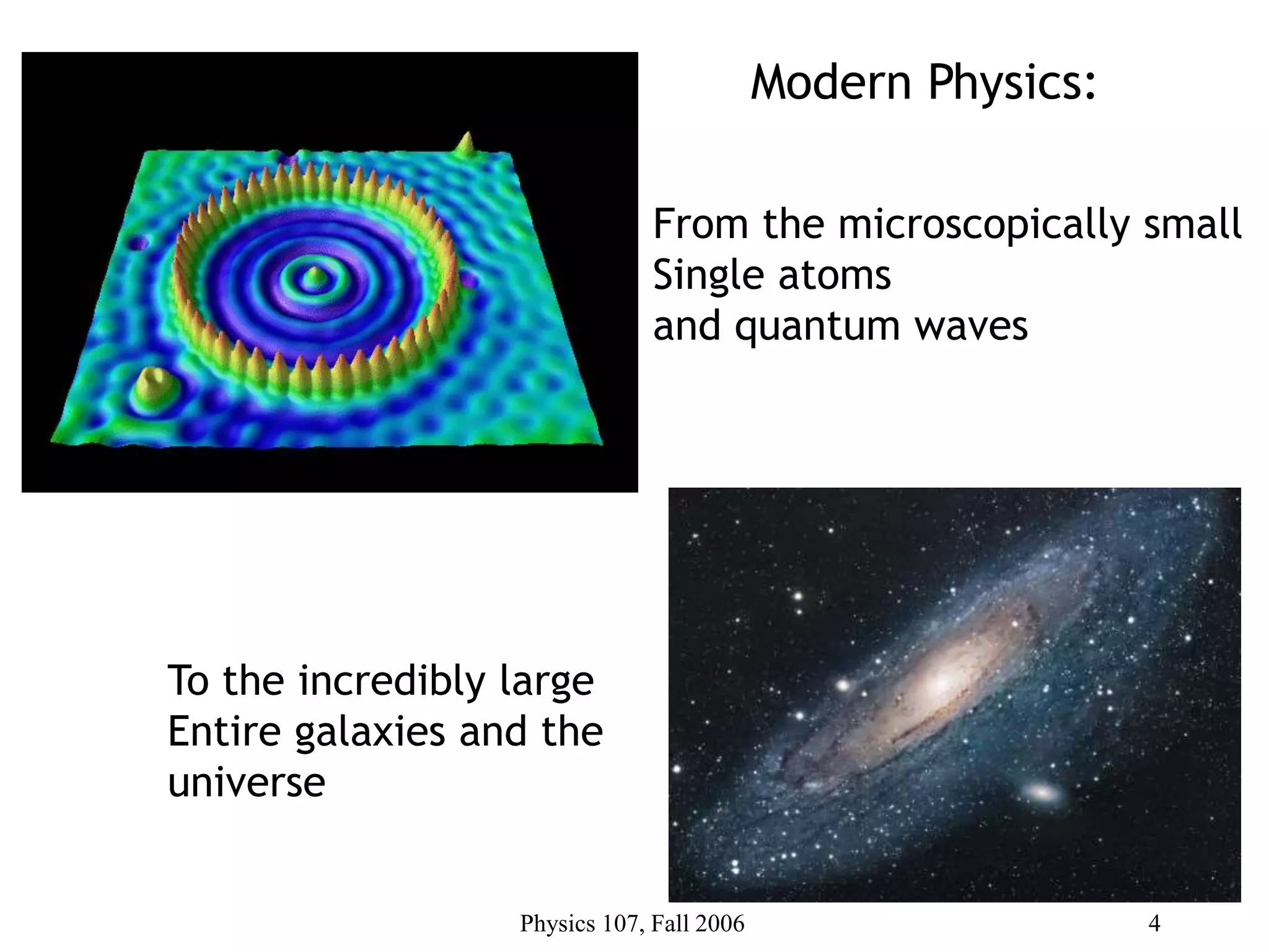 Physics 107, Fall 2006 4
From the microscopically small
Single atoms
and quantum waves
To the incredibly large
Entire galaxies and the
universe
Modern Physics:
 