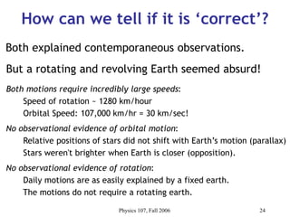 Physics 107, Fall 2006 24
How can we tell if it is ‘correct’?
But a rotating and revolving Earth seemed absurd!
Both motions require incredibly large speeds:
Speed of rotation ~ 1280 km/hour
Orbital Speed: 107,000 km/hr = 30 km/sec!
No observational evidence of orbital motion:
Relative positions of stars did not shift with Earth’s motion (parallax)
Stars weren't brighter when Earth is closer (opposition).
No observational evidence of rotation:
Daily motions are as easily explained by a fixed earth.
The motions do not require a rotating earth.
Both explained contemporaneous observations.
 