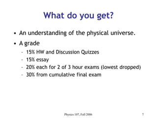 Physics 107, Fall 2006 7
What do you get?
• An understanding of the physical universe.
• A grade
– 15% HW and Discussion Quizzes
– 15% essay
– 20% each for 2 of 3 hour exams (lowest dropped)
– 30% from cumulative final exam
 