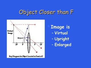 Object Closer than F
Object Closer than F
Image is
– Virtual
– Upright
– Enlarged
 