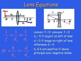 Lens Equations
Lens Equations
 convex: f > 0; concave: f < 0
 do > 0 if object on left of lens
 di > 0 if image on right of lens
otherwise di < 0
 ho & hi are positive if above
principal axis; negative below
1 1 1
o i
f d d
 
i i
o o
h d
M
h d
 
do
di
 
