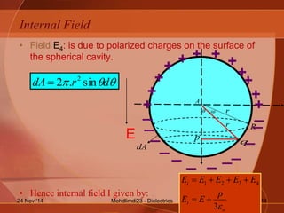 Internal Field
• Field E4: is due to polarized charges on the surface of
the spherical cavity.
• Hence internal field I given by:
+ +
E
 d r
p q
R
dA
r
A
+
+
+
+ +
+
+
+
++
_
_
_
_
_
_
__ _
_
_
_
 drdA sin.2 2

o
i
i
p
EE
EEEEE
3
4321


Mohdlimdi23 - Dielectrics24 Nov '14 14
 
