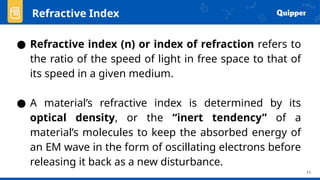 11
● Refractive index (n) or index of refraction refers to
the ratio of the speed of light in free space to that of
its speed in a given medium.
● A material’s refractive index is determined by its
optical density, or the “inert tendency” of a
material’s molecules to keep the absorbed energy of
an EM wave in the form of oscillating electrons before
releasing it back as a new disturbance.
Refractive Index
 