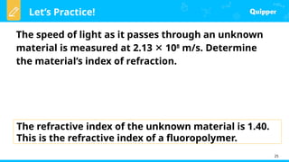 Let’s Practice!
25
The speed of light as it passes through an unknown
material is measured at 2.13 10
✕ 8
m/s. Determine
the material’s index of refraction.
The refractive index of the unknown material is 1.40.
This is the refractive index of a fluoropolymer.
 