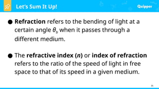 Let’s Sum It Up!
35
● Refraction refers to the bending of light at a
certain angle θb when it passes through a
different medium.
● The refractive index (n) or index of refraction
refers to the ratio of the speed of light in free
space to that of its speed in a given medium.
 