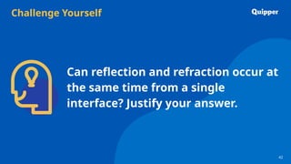 Challenge Yourself
42
42
Can reflection and refraction occur at
the same time from a single
interface? Justify your answer.
 