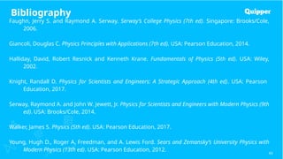 Bibliography
43
Faughn, Jerry S. and Raymond A. Serway. Serway’s College Physics (7th ed). Singapore: Brooks/Cole,
2006.
Giancoli, Douglas C. Physics Principles with Applications (7th ed). USA: Pearson Education, 2014.
Halliday, David, Robert Resnick and Kenneth Krane. Fundamentals of Physics (5th ed). USA: Wiley,
2002.
Knight, Randall D. Physics for Scientists and Engineers: A Strategic Approach (4th ed). USA: Pearson
Education, 2017.
Serway, Raymond A. and John W. Jewett, Jr. Physics for Scientists and Engineers with Modern Physics (9th
ed). USA: Brooks/Cole, 2014.
Walker, James S. Physics (5th ed). USA: Pearson Education, 2017.
Young, Hugh D., Roger A. Freedman, and A. Lewis Ford. Sears and Zemansky’s University Physics with
Modern Physics (13th ed). USA: Pearson Education, 2012.
 