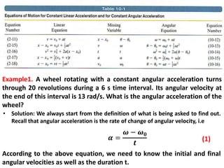 Example1. A wheel rotating with a constant angular acceleration turns
through 20 revolutions during a 6 s time interval. Its angular velocity at
the end of this interval is 13 rad/s. What is the angular acceleration of the
wheel?
• Solution: We always start from the definition of what is being asked to find out.
Recall that angular acceleration is the rate of change of angular velocity, i.e
According to the above equation, we need to know the initial and final
angular velocities as well as the duration t.
(1)
 