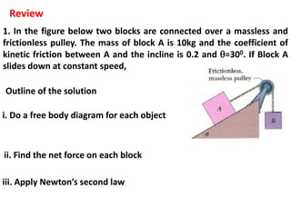 1. In the figure below two blocks are connected over a massless and
frictionless pulley. The mass of block A is 10kg and the coefficient of
kinetic friction between A and the incline is 0.2 and =300. If Block A
slides down at constant speed,
Review
Outline of the solution
i. Do a free body diagram for each object
ii. Find the net force on each block
iii. Apply Newton’s second law
 