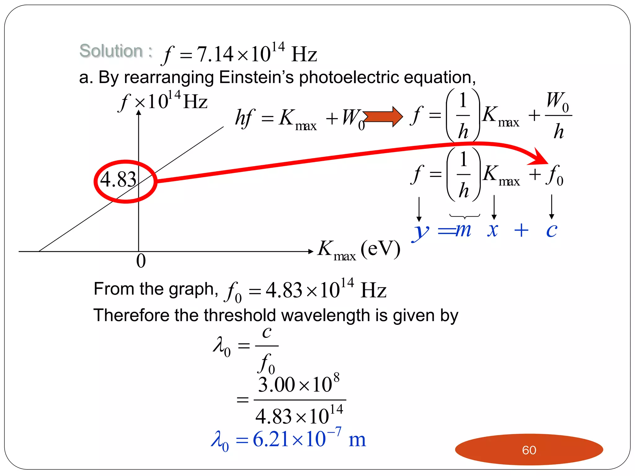 Solution : f  7.14  1014 Hz
a. By rearranging Einstein’s photoelectric equation,

f 1014 Hz

hf  K max  W0

4.83

0

K max (eV)

W0
1
f    K max 
h
h
1
f    K max  f 0
h

y m x  c

From the graph, f 0  4.83  1014 Hz
Therefore the threshold wavelength is given by

c
0 
f0
3.00  108

4.83  1014
0  6.21 10 7 m

60

 