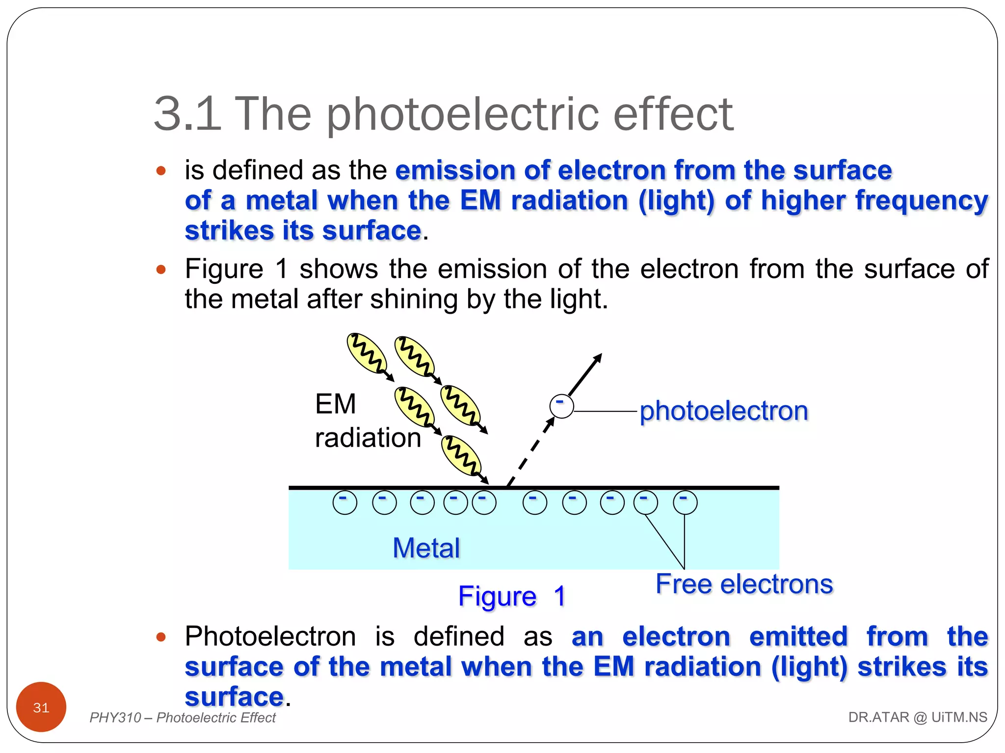 3.1 The photoelectric effect
 is defined as the emission of electron from the surface

of a metal when the EM radiation (light) of higher frequency
strikes its surface.
 Figure 1 shows the emission of the electron from the surface of
the metal after shining by the light.

-

EM
radiation
-

-

- - -

-

photoelectron
-

- -

-

Metal

31

Free electrons
Figure 1
 Photoelectron is defined as an electron emitted from the
surface of the metal when the EM radiation (light) strikes its
surface.

PHY310 – Photoelectric Effect

DR.ATAR @ UiTM.NS

 