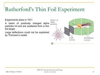 Rutherford’s Thin Foil Experiment
Experiments done in 1911
A beam of positively charged alpha
particles hit and are scattered from a thin
foil target.
Large deflections could not be explained
by Thomson’s model.

DR.ATAR @ UiTM.NS

PHY310: Atomic Structure and Energy
Levels in an Atom

13

 