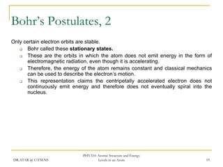Bohr’s Postulates, 2
Only certain electron orbits are stable.

Bohr called these stationary states.

These are the orbits in which the atom does not emit energy in the form of
electromagnetic radiation, even though it is accelerating.

Therefore, the energy of the atom remains constant and classical mechanics
can be used to describe the electron’s motion.

This representation claims the centripetally accelerated electron does not
continuously emit energy and therefore does not eventually spiral into the
nucleus.

DR.ATAR @ UiTM.NS

PHY310: Atomic Structure and Energy
Levels in an Atom

19

 