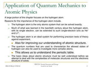 Application of Quantum Mechanics to
Atomic Physics
A large portion of the chapter focuses on the hydrogen atom.
Reasons for the importance of the hydrogen atom include.


The hydrogen atom is the only atomic system that can be solved exactly.



Much of what was learned in the twentieth century about the hydrogen atom,
with its single electron, can be extended to such single-electron ions as He+
and Li2+.



The hydrogen atom is an ideal system for performing precision tests of theory
against experiment.




The quantum numbers that are used to characterize the allowed states of
hydrogen can also be used to investigate more complex atoms.




Also for improving our understanding of atomic structure.
This allows us to understand the periodic table.

The basic ideas about atomic structure must be well understood before we
attempt to deal with the complexities of molecular structures and the electronic
structure of solids.

DR.ATAR @ UiTM.NS

PHY310: Atomic Structure and Energy
Levels in an Atom

2

 