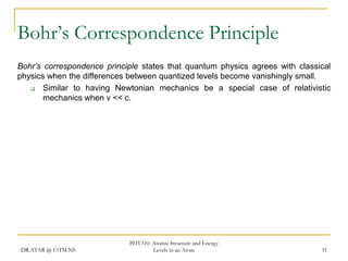 Bohr’s Correspondence Principle
Bohr’s correspondence principle states that quantum physics agrees with classical
physics when the differences between quantized levels become vanishingly small.

Similar to having Newtonian mechanics be a special case of relativistic
mechanics when v << c.

DR.ATAR @ UiTM.NS

PHY310: Atomic Structure and Energy
Levels in an Atom

31

 