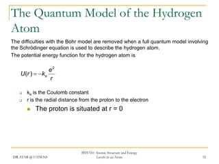 The Quantum Model of the Hydrogen
Atom
The difficulties with the Bohr model are removed when a full quantum model involving
the Schrödinger equation is used to describe the hydrogen atom.
The potential energy function for the hydrogen atom is

e2
U (r )  ke
r



ke is the Coulomb constant
r is the radial distance from the proton to the electron


The proton is situated at r = 0

DR.ATAR @ UiTM.NS

PHY310: Atomic Structure and Energy
Levels in an Atom

32

 