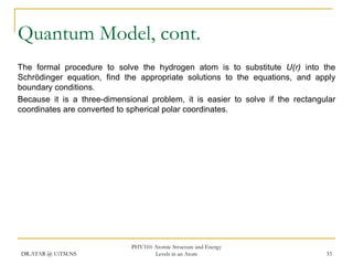 Quantum Model, cont.
The formal procedure to solve the hydrogen atom is to substitute U(r) into the
Schrödinger equation, find the appropriate solutions to the equations, and apply
boundary conditions.
Because it is a three-dimensional problem, it is easier to solve if the rectangular
coordinates are converted to spherical polar coordinates.

DR.ATAR @ UiTM.NS

PHY310: Atomic Structure and Energy
Levels in an Atom

33

 