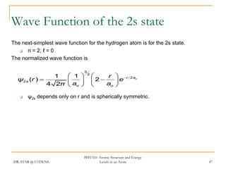 Wave Function of the 2s state
The next-simplest wave function for the hydrogen atom is for the 2s state.

n = 2; ℓ = 0
The normalized wave function is

 1 
1
ψ2s (r ) 


4 2π  ao 


3

2


r  r
2

e
ao 


2ao

ψ2s depends only on r and is spherically symmetric.

DR.ATAR @ UiTM.NS

PHY310: Atomic Structure and Energy
Levels in an Atom

47

 