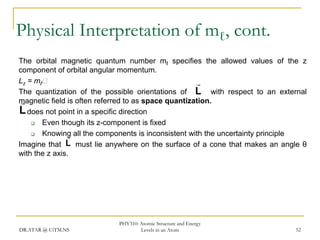 Physical Interpretation of mℓ, cont.
The orbital magnetic quantum number mℓ specifies the allowed values of the z
component of orbital angular momentum.
Lz = mℓ

The quantization of the possible orientations of L with respect to an external
magnetic field is often referred to as space quantization.

L does not point in a specific direction

Even though its z-component is fixed

Knowing all the components is inconsistent with the uncertainty principle

Imagine that L must lie anywhere on the surface of a cone that makes an angle θ
with the z axis.

DR.ATAR @ UiTM.NS

PHY310: Atomic Structure and Energy
Levels in an Atom

52

 