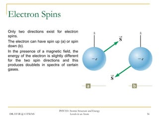 Electron Spins
Only two directions exist for electron
spins.
The electron can have spin up (a) or spin
down (b).
In the presence of a magnetic field, the
energy of the electron is slightly different
for the two spin directions and this
produces doublets in spectra of certain
gases.

DR.ATAR @ UiTM.NS

PHY310: Atomic Structure and Energy
Levels in an Atom

56

 