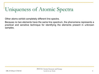 Uniqueness of Atomic Spectra
Other atoms exhibit completely different line spectra.
Because no two elements have the same line spectrum, the phenomena represents a
practical and sensitive technique for identifying the elements present in unknown
samples.

DR.ATAR @ UiTM.NS

PHY310: Atomic Structure and Energy
Levels in an Atom

6

 