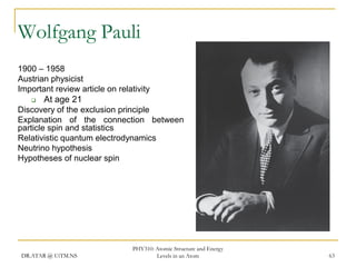 Wolfgang Pauli
1900 – 1958
Austrian physicist
Important review article on relativity


At age 21

Discovery of the exclusion principle
Explanation of the connection between
particle spin and statistics
Relativistic quantum electrodynamics
Neutrino hypothesis
Hypotheses of nuclear spin

DR.ATAR @ UiTM.NS

PHY310: Atomic Structure and Energy
Levels in an Atom

63

 
