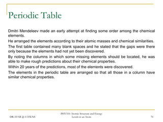 Periodic Table
Dmitri Mendeleev made an early attempt at finding some order among the chemical
elements.
He arranged the elements according to their atomic masses and chemical similarities.
The first table contained many blank spaces and he stated that the gaps were there
only because the elements had not yet been discovered.
By noting the columns in which some missing elements should be located, he was
able to make rough predictions about their chemical properties.
Within 20 years of the predictions, most of the elements were discovered.
The elements in the periodic table are arranged so that all those in a column have
similar chemical properties.

DR.ATAR @ UiTM.NS

PHY310: Atomic Structure and Energy
Levels in an Atom

70

 