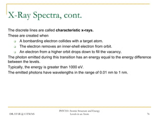 X-Ray Spectra, cont.
The discrete lines are called characteristic x-rays.
These are created when

A bombarding electron collides with a target atom.

The electron removes an inner-shell electron from orbit.

An electron from a higher orbit drops down to fill the vacancy.
The photon emitted during this transition has an energy equal to the energy difference
between the levels.
Typically, the energy is greater than 1000 eV.
The emitted photons have wavelengths in the range of 0.01 nm to 1 nm.

DR.ATAR @ UiTM.NS

PHY310: Atomic Structure and Energy
Levels in an Atom

76

 