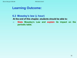 DR.ATAR @ UiTM.NS

PHY310 X-RAY

Learning Outcome:
6.2 Moseley’s law (½ hour)
At the end of this chapter, students should be able to:

State Moseley’s Law and explain its impact on the
periodic table.

31

 